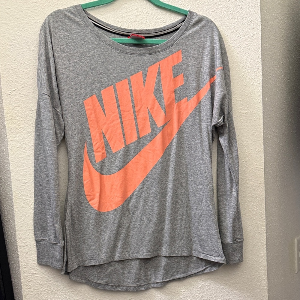 Nike Women's Long Sleeve Top in Gray with Orange Logo